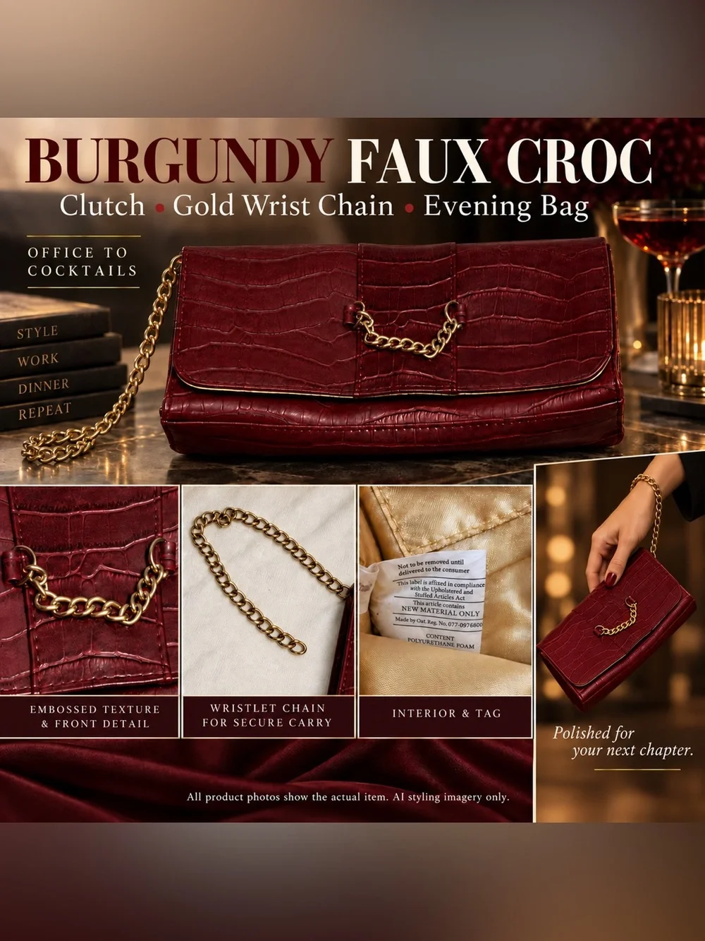Burgundy Faux Croc Wristlet Clutch Gold Chain Y2K Evening Bag fall winery chic